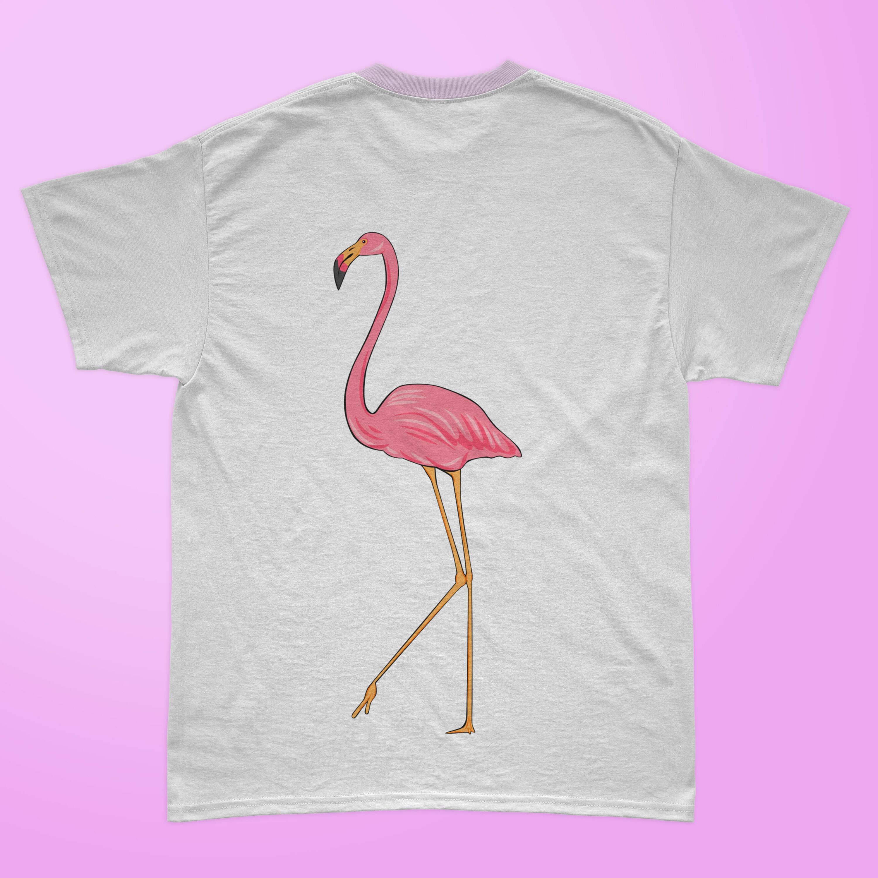 Proud pink flamingo on the white t-shirt.