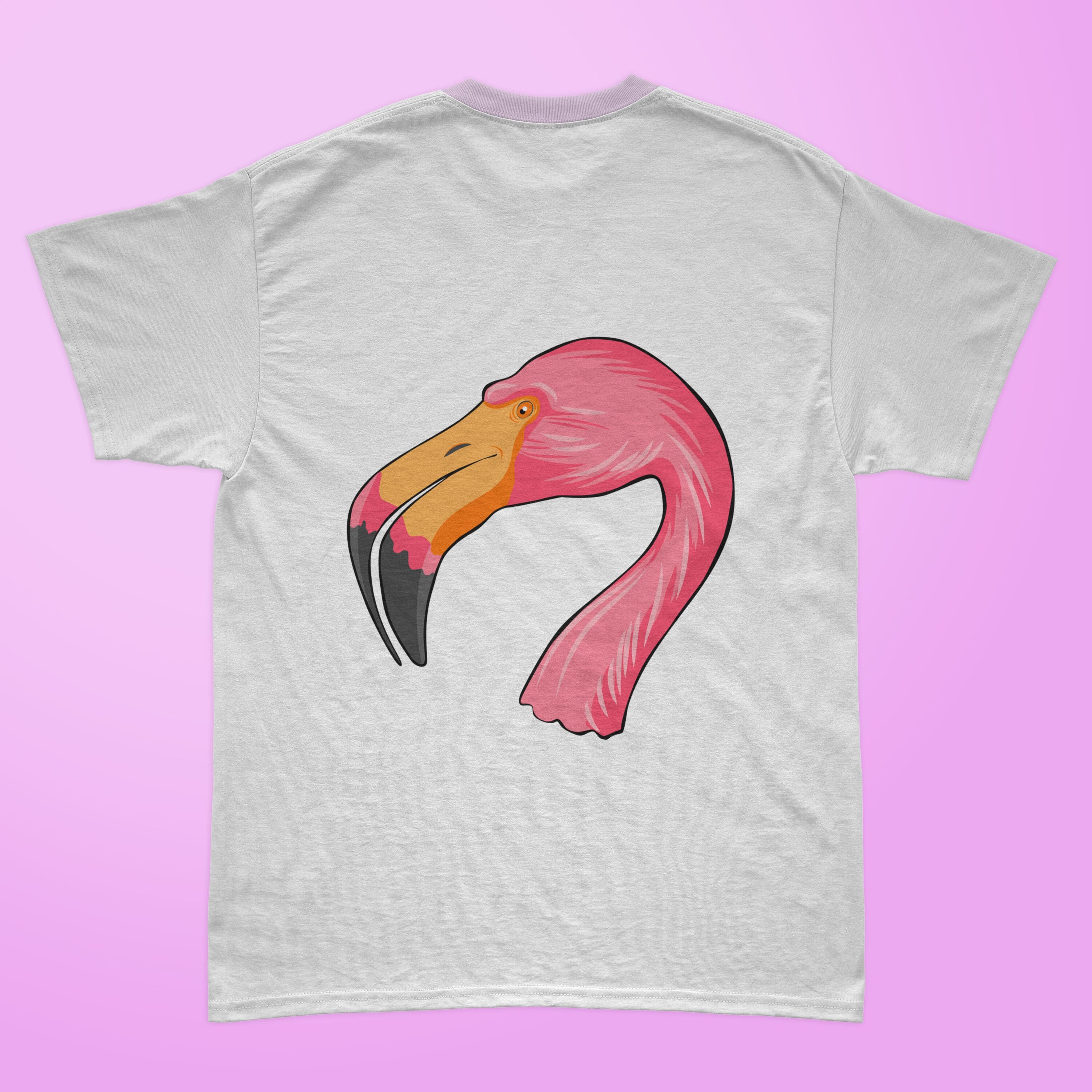 Flamingo face on the white t-shirt.