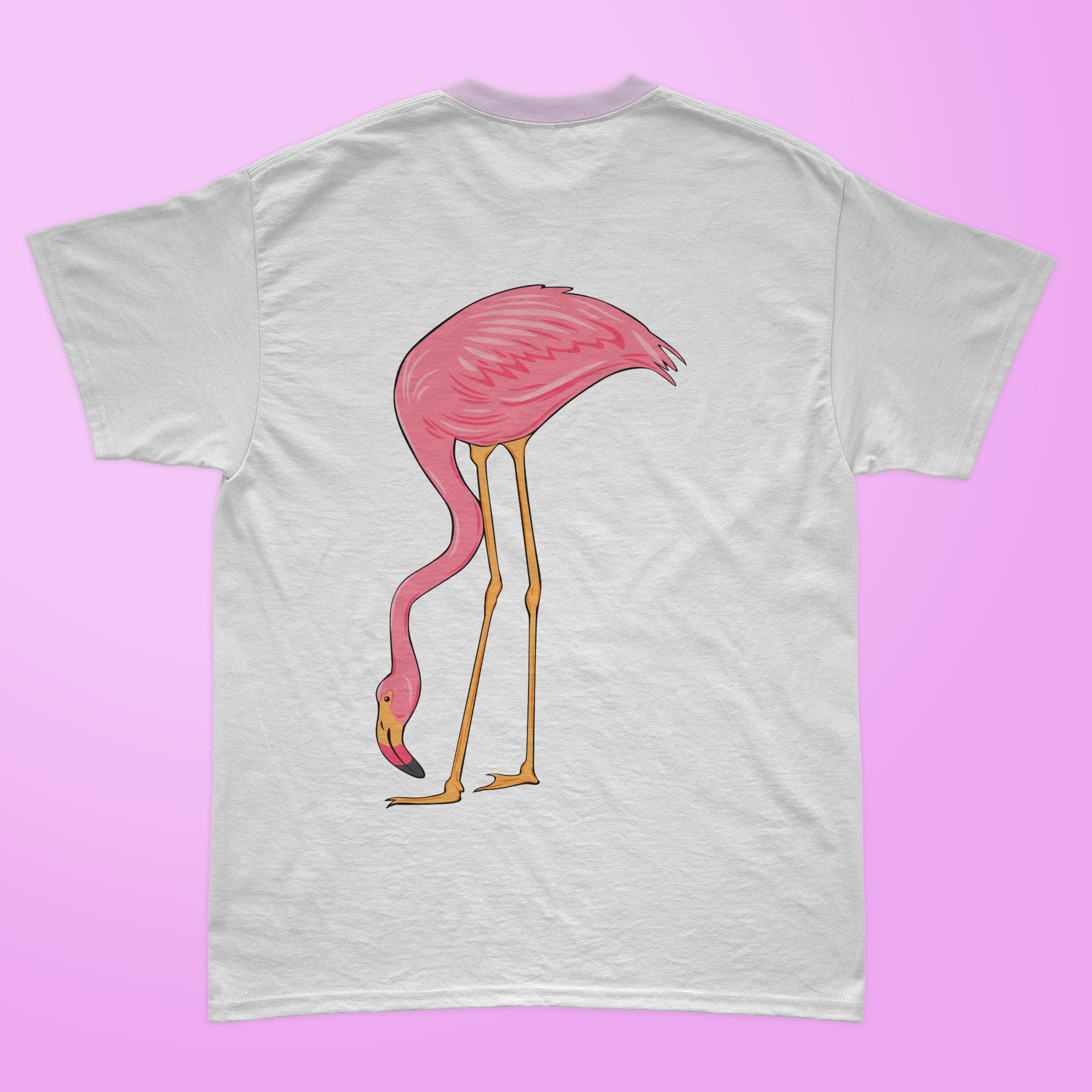 White t-shirt with the pink flamingo.