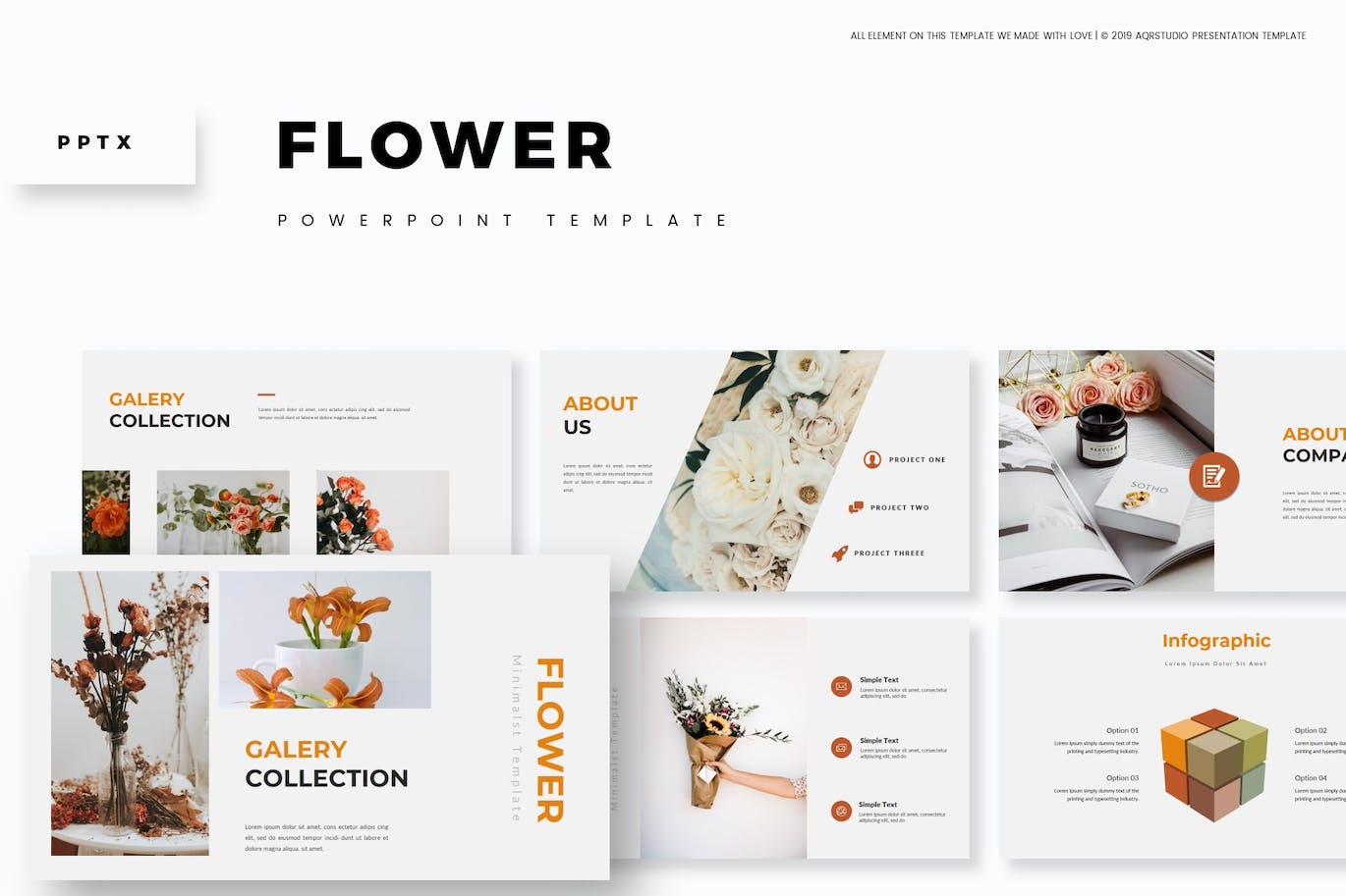 Bundle of images of unique presentation template slides on the theme of flowers.