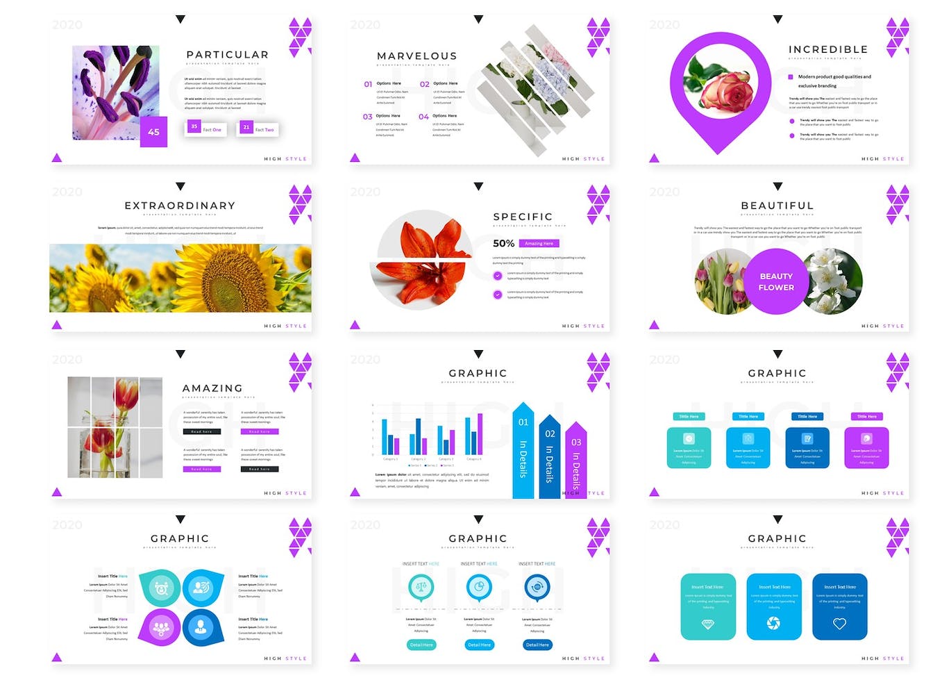 A collection of images of amazing presentation template slides on the theme of flowers.