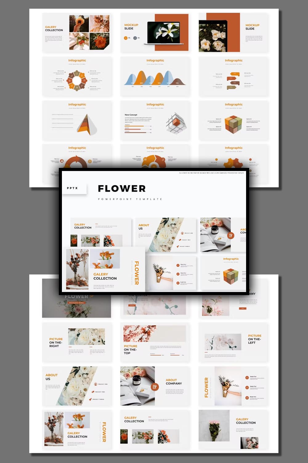Collection of images of irresistible presentation template slides on the theme of flowers.