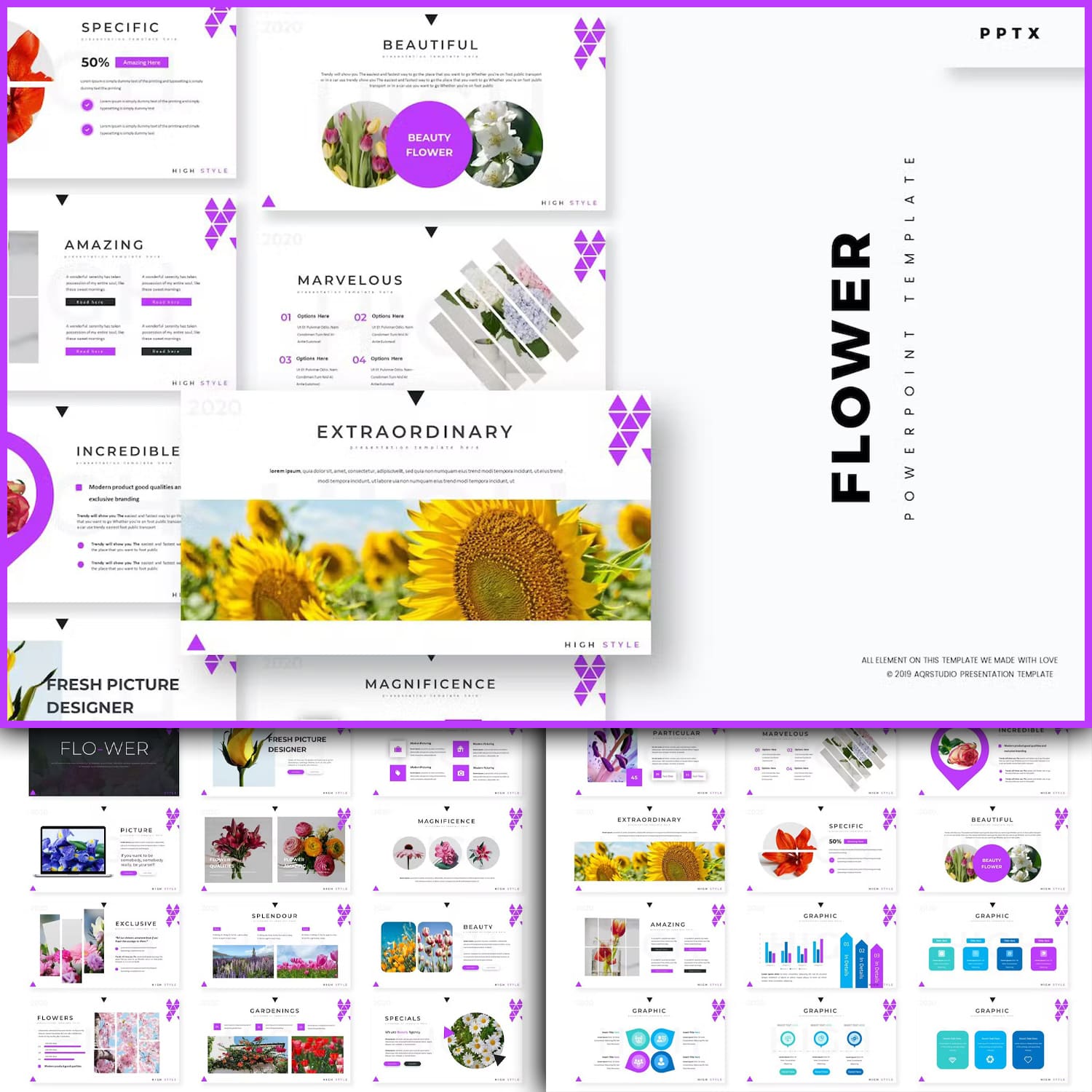 Bundle of images of amazing presentation template slides on the theme of flowers.