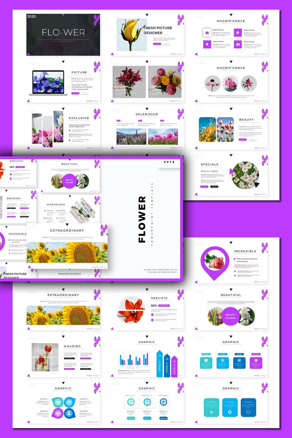 A set of images of enchanting slides of the presentation template on the theme of flowers.