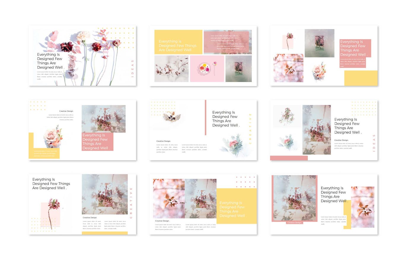 A set of images of amazing presentation template slides on the theme of flowers.
