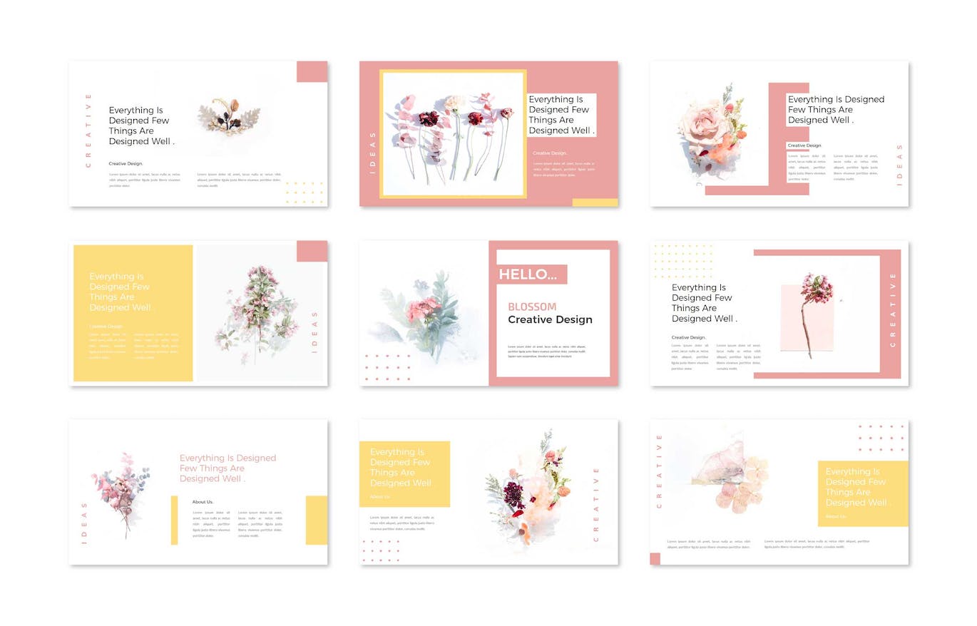A pack of images of enchanting slides of a presentation template on the theme of flowers.