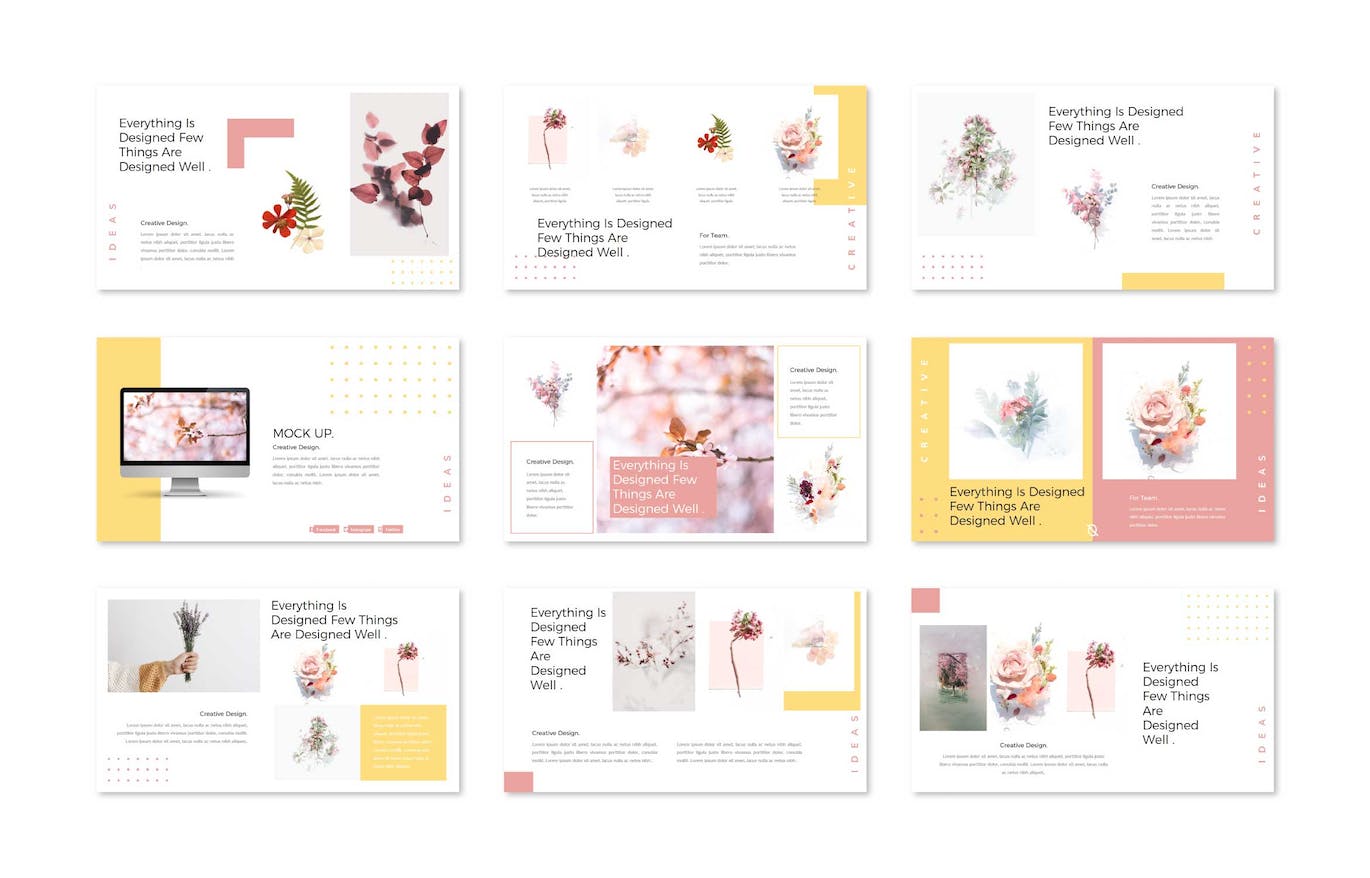 Bundle of images of irresistible presentation template slides on the theme of flowers.