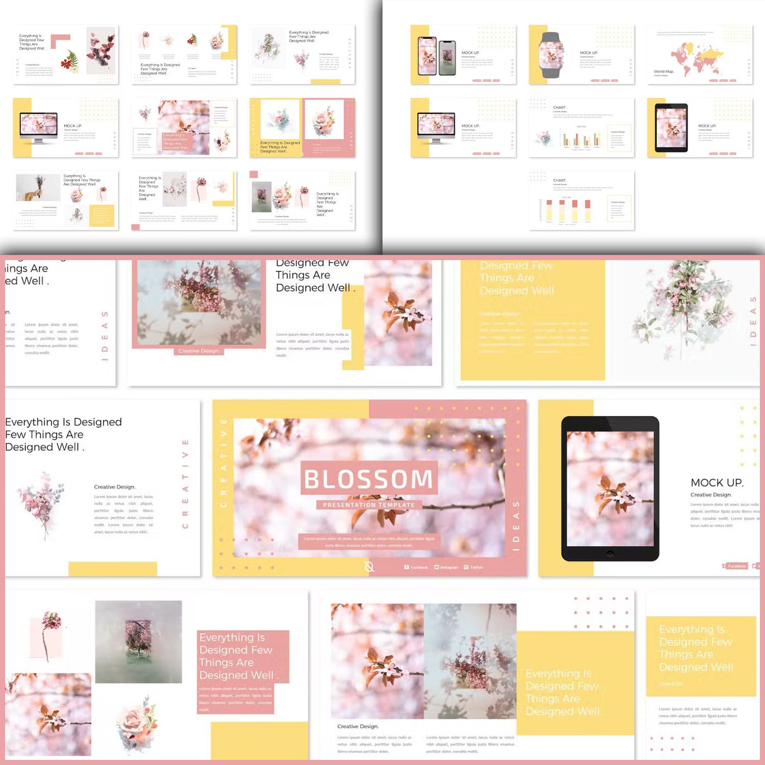 Pack of images of gorgeous presentation template slides on the theme of flowers.