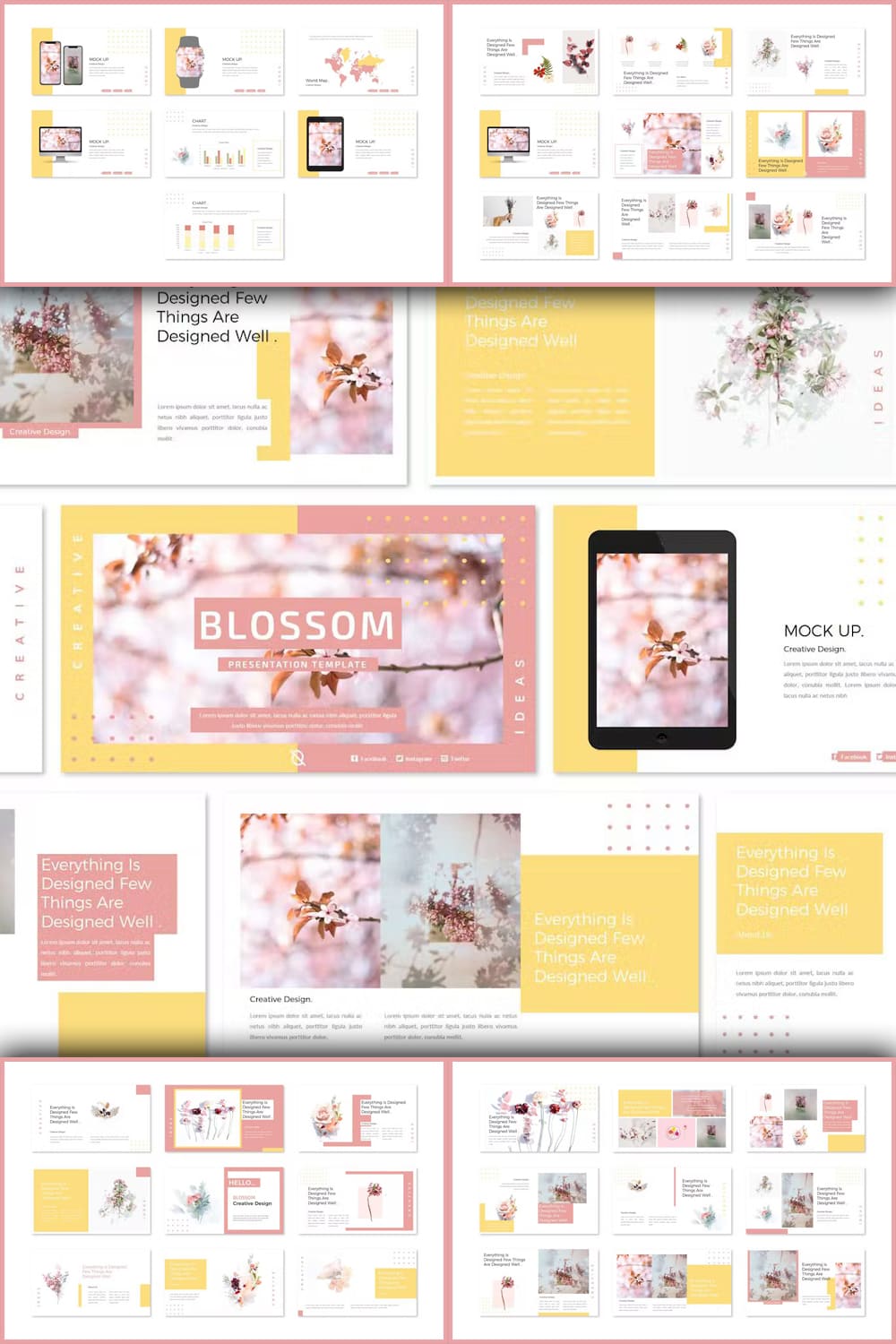 Collection of images of colorful presentation template slides on the theme of flowers.
