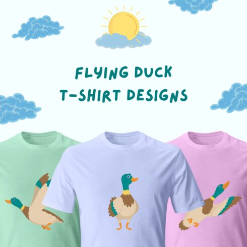Bundle of images of t-shirts with exquisite flying duck prints.