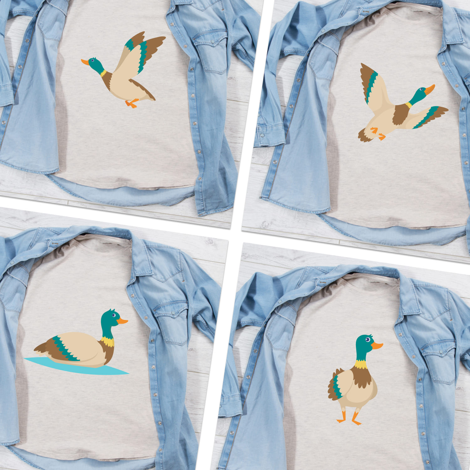 A pack of images of t-shirts with wonderful flying duck prints.