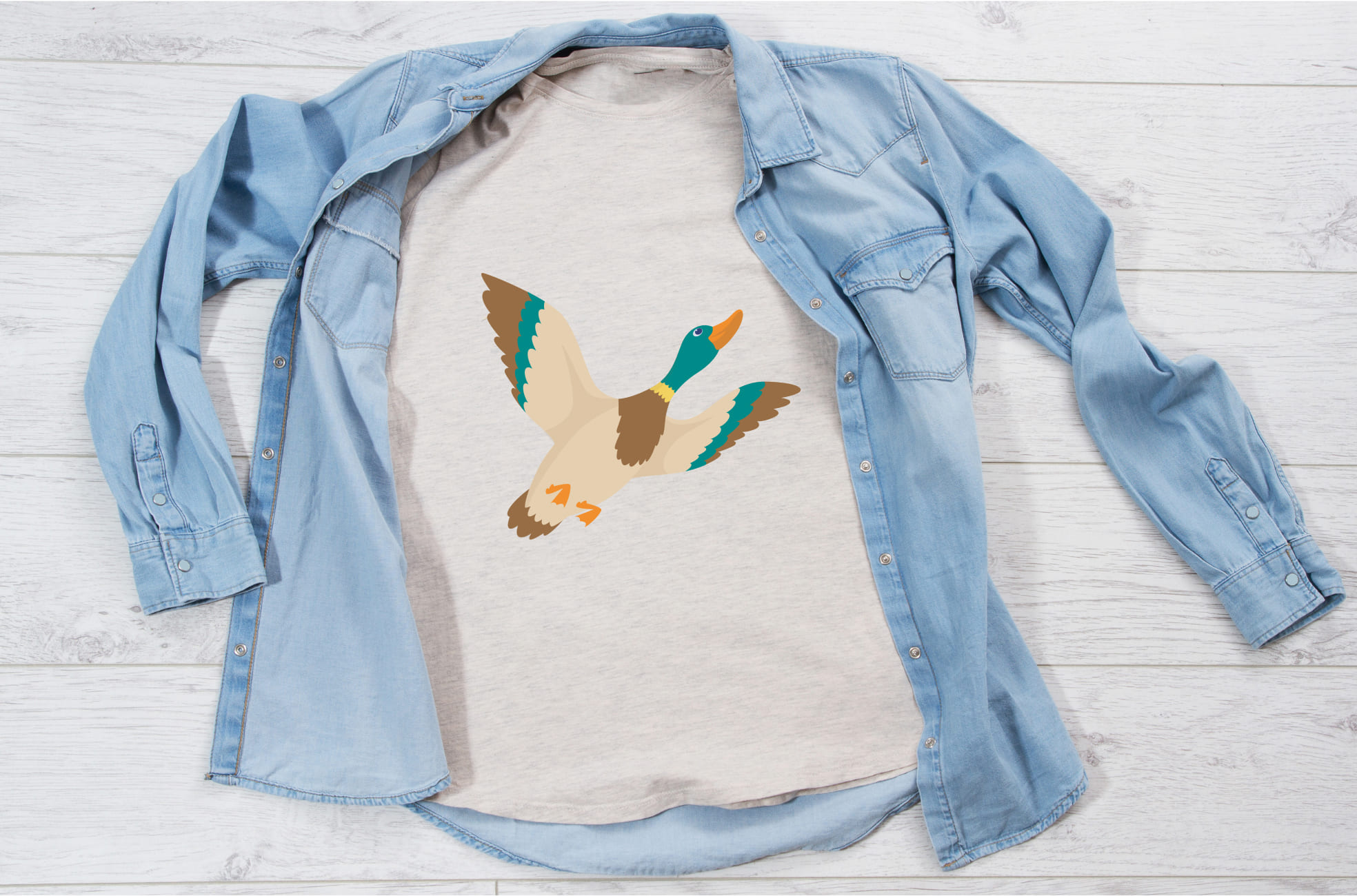 Picture of white t-shirt with amazing flying duck print.
