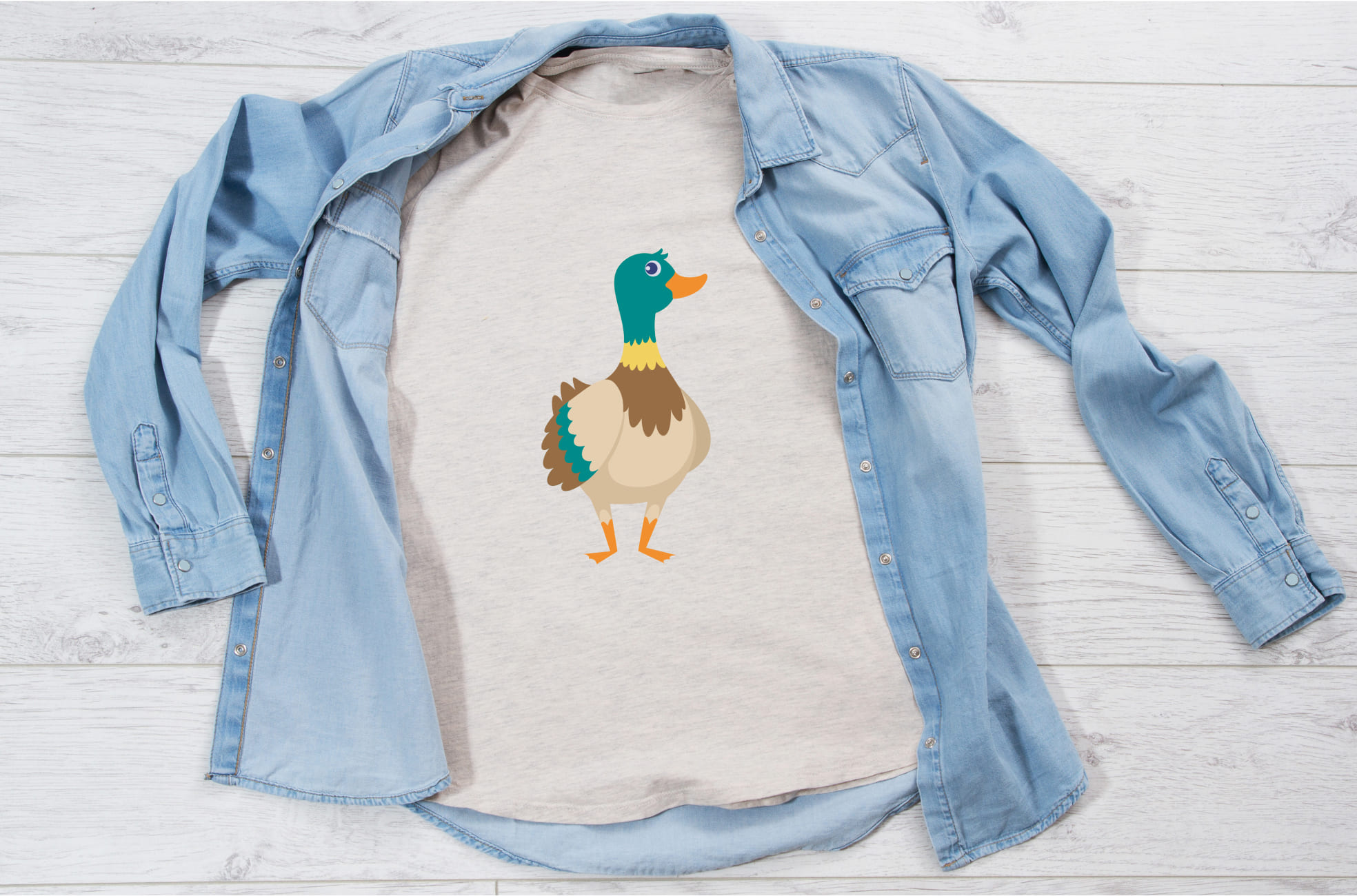 Image of white t-shirt with elegant flying duck print.