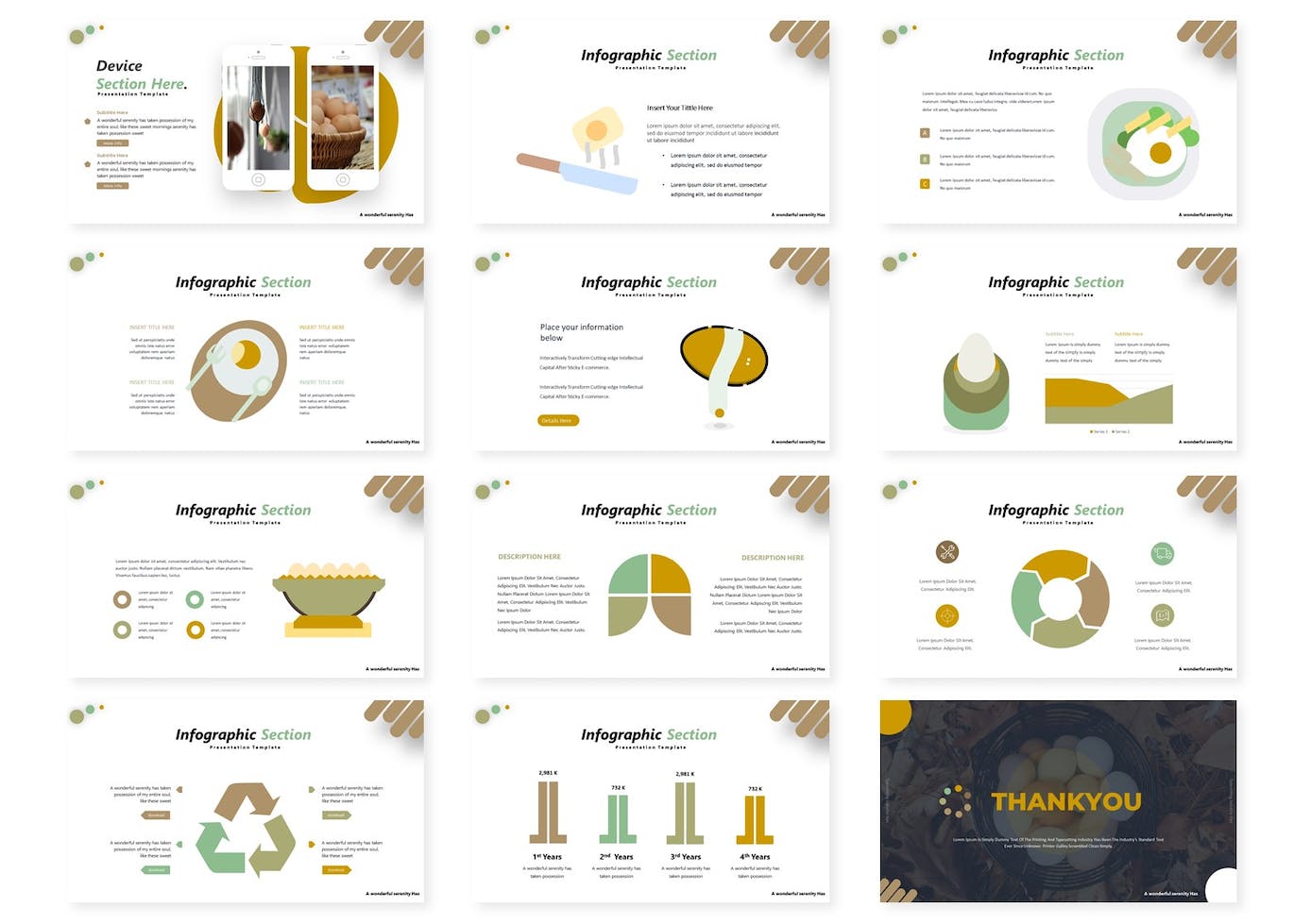A set of images of enchanting slides of a presentation template on the theme of food.