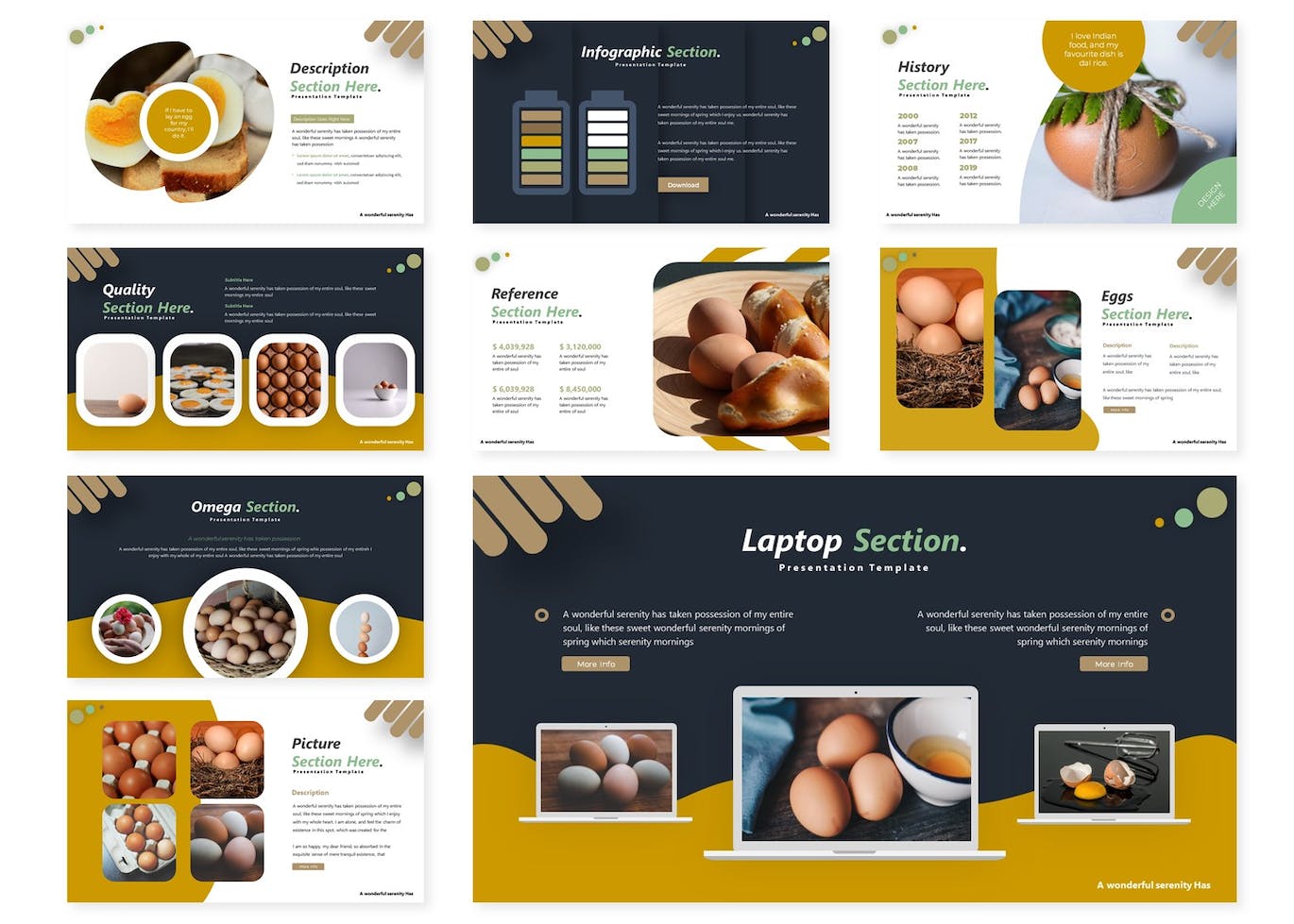 A set of images of enchanting slides of a presentation template on the theme of food.