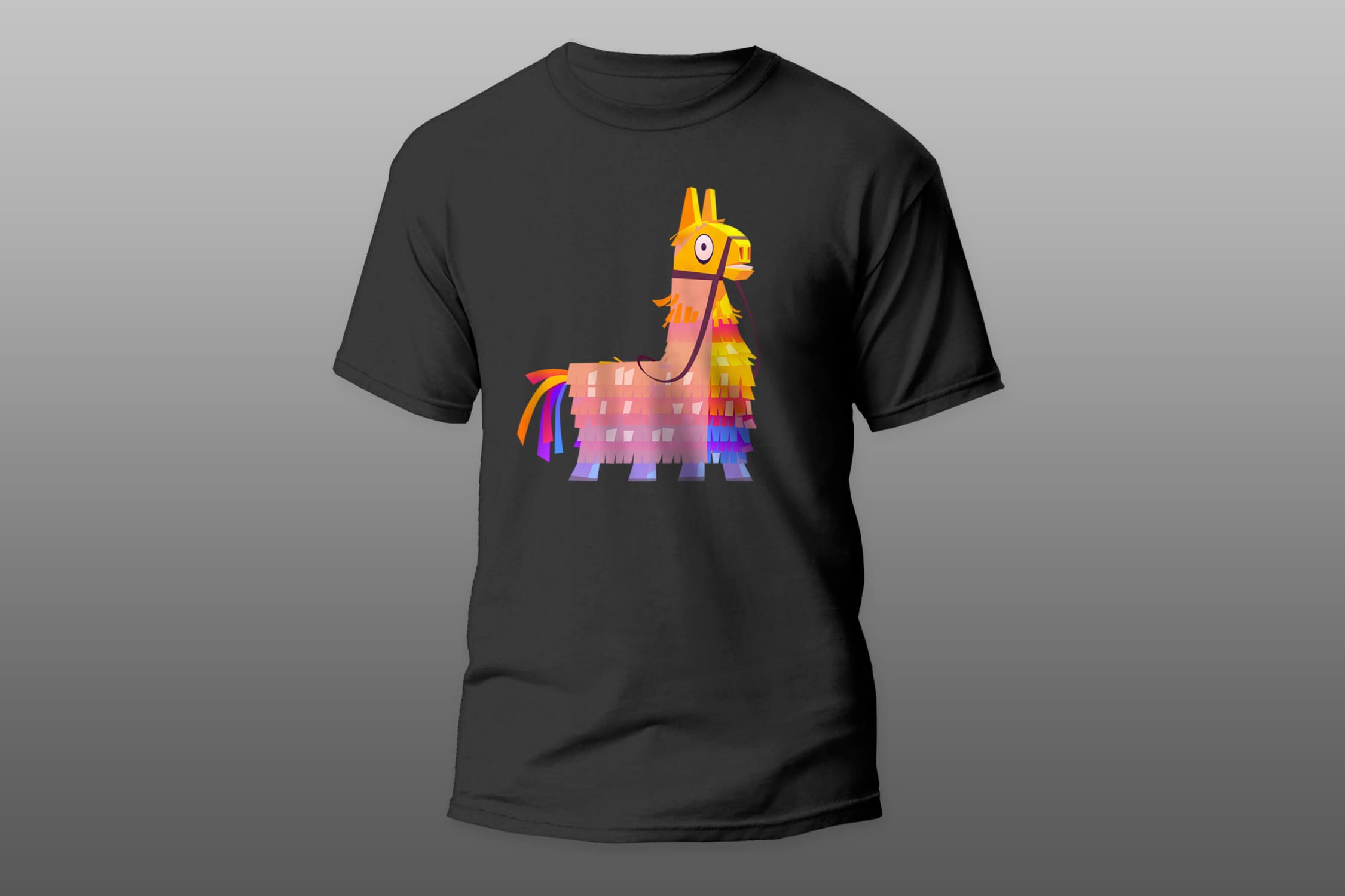 Black t-shirt with a colorful llama on a gray gradient background.
