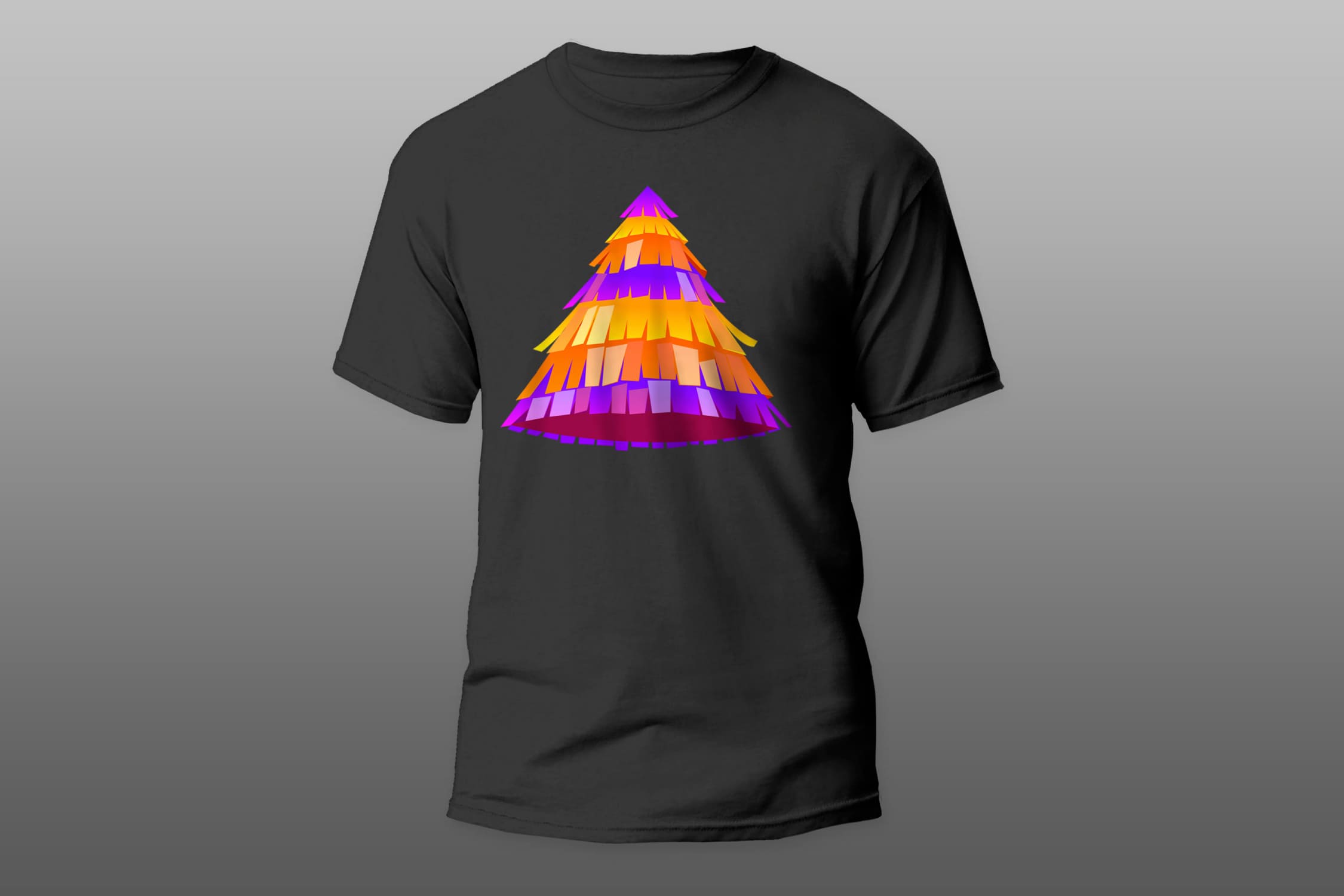 Black t-shirt with a colorful christmas tree on a gray gradient background.