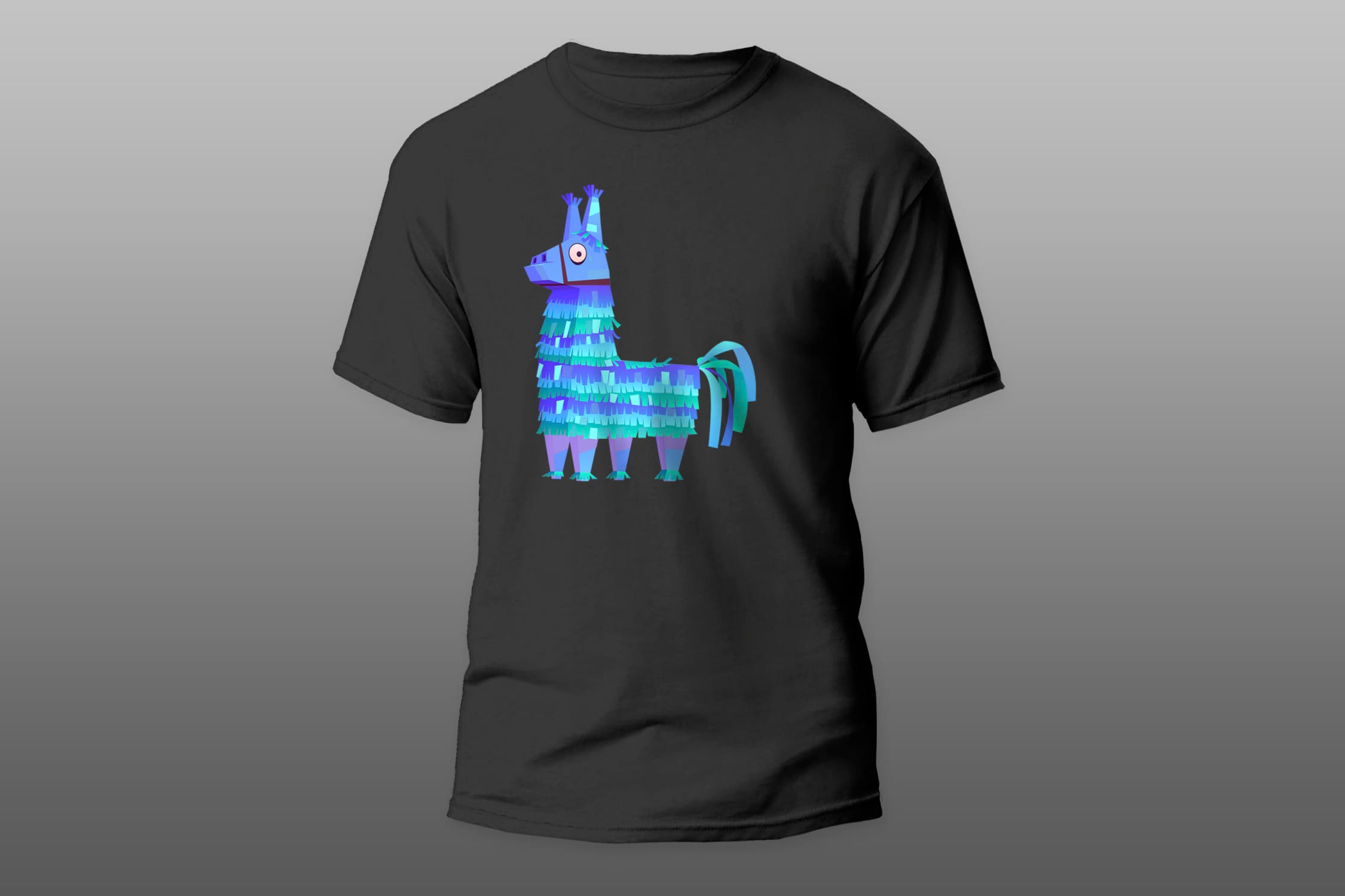 Black t-shirt with a blue tones llama on a gray gradient background.