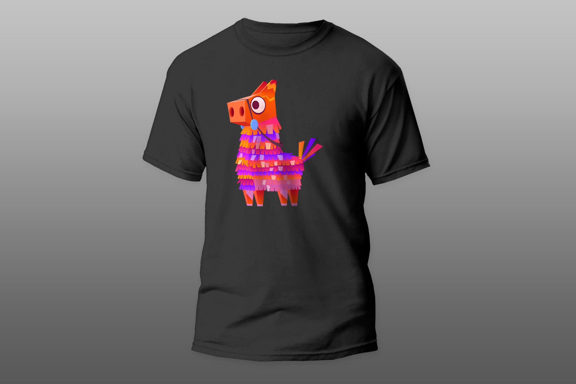 Black t-shirt with a red tones llama on a gray gradient background.