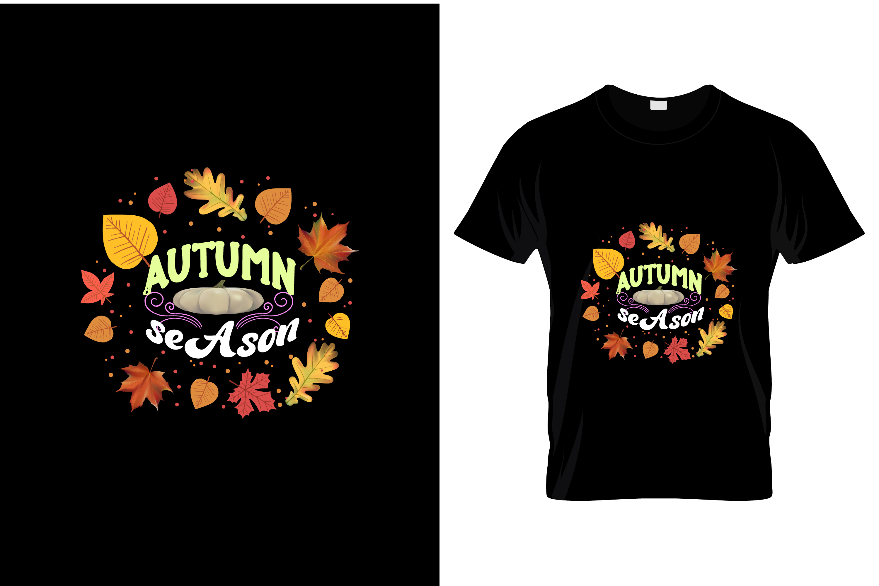 Image of a black t-shirt with a beautiful pumpkin print and autumn foliage.