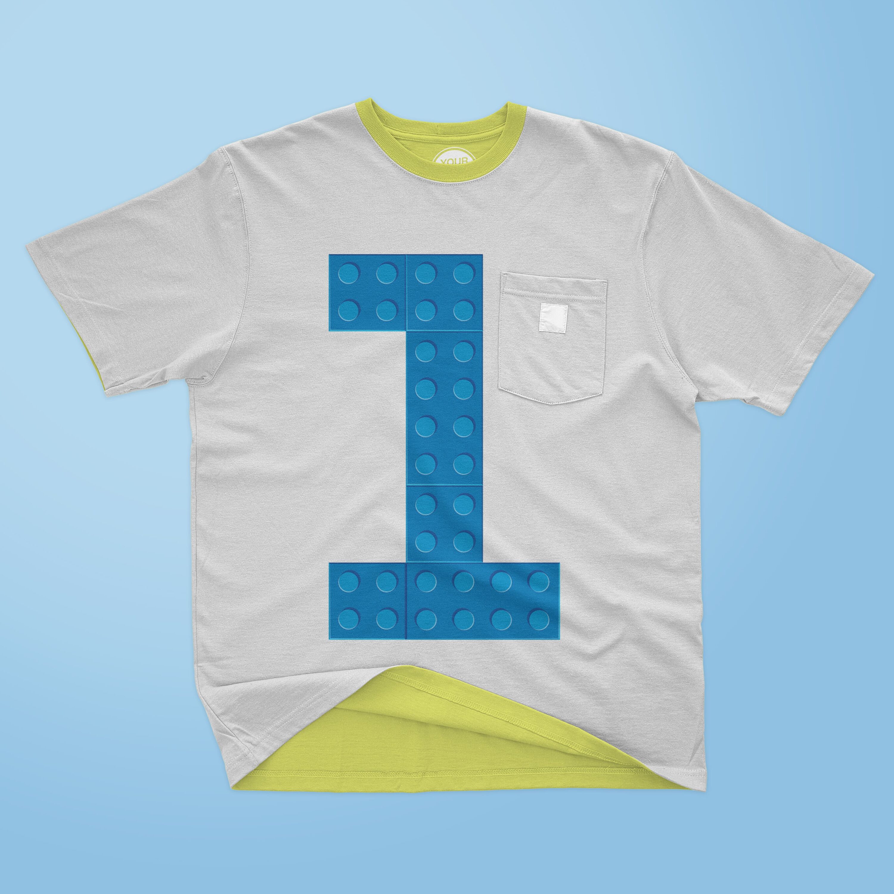 Number 1 made from blue lego bricks - t-shirt design.