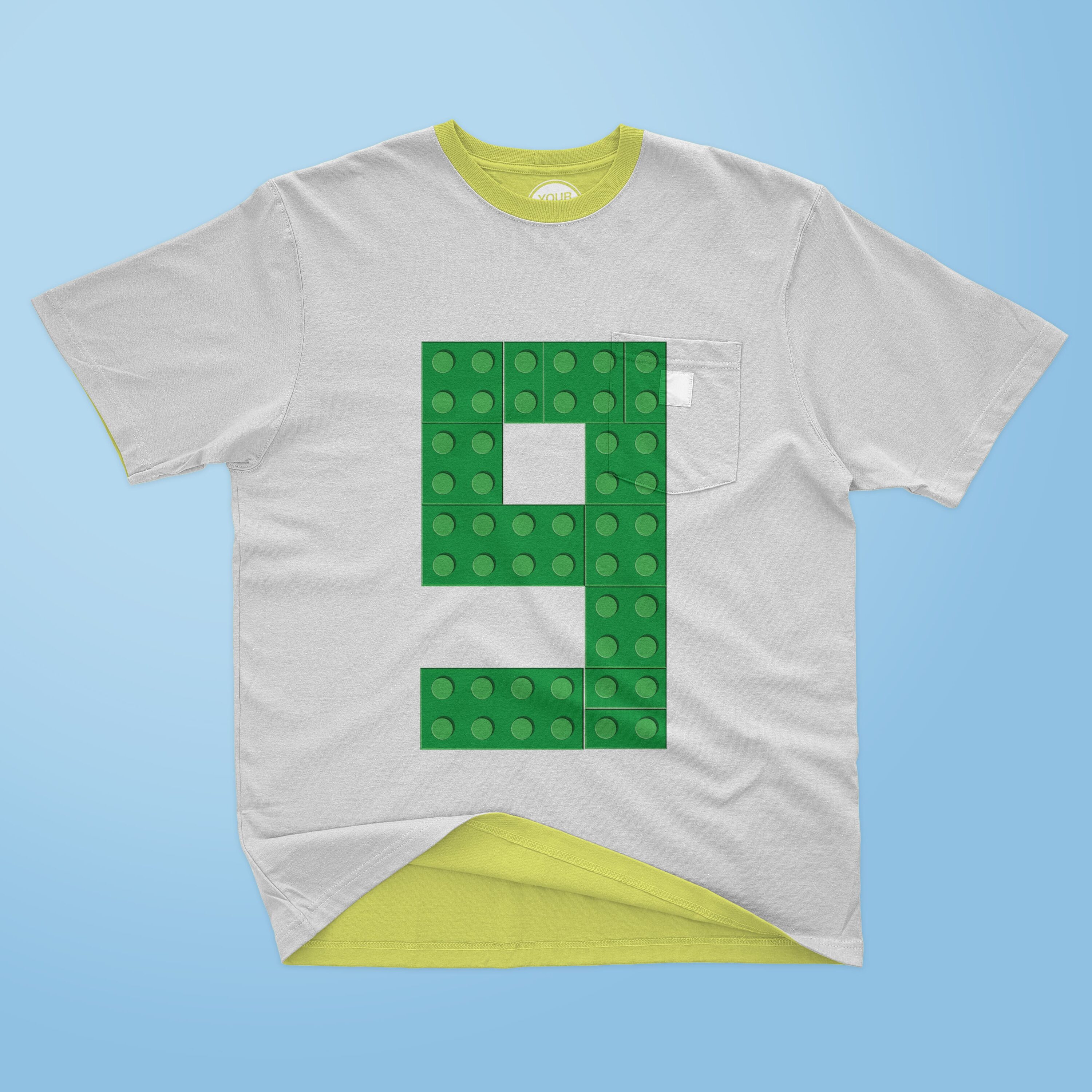 Number 9 made from green lego bricks - t-shirt design.