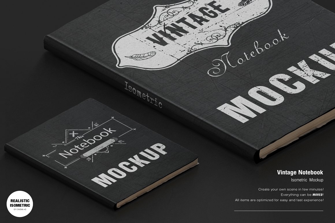 Small and large black vintage mockup notebook on a black background.