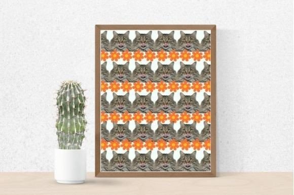 Cactus in a pot and picture of cats with flowers on a white background in a brown frame.