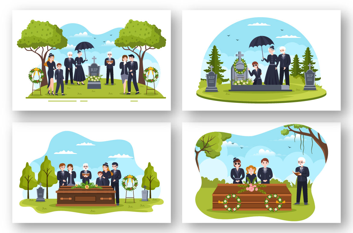 A selection of cartoon images of funeral ceremonies.