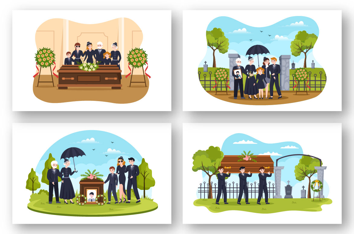 Collection of cartoon images of funeral ceremonies.