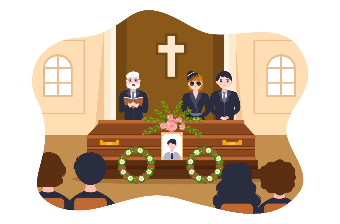 Elegant cartoon image of a funeral ceremony.