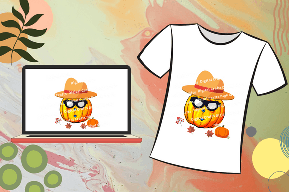 Image of laptop and t-shirt with great pictures of detective pumpkin.