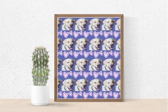 Cactus in a pot and picture of funny dogs winking and pink hearts on a blue background in brown frame.