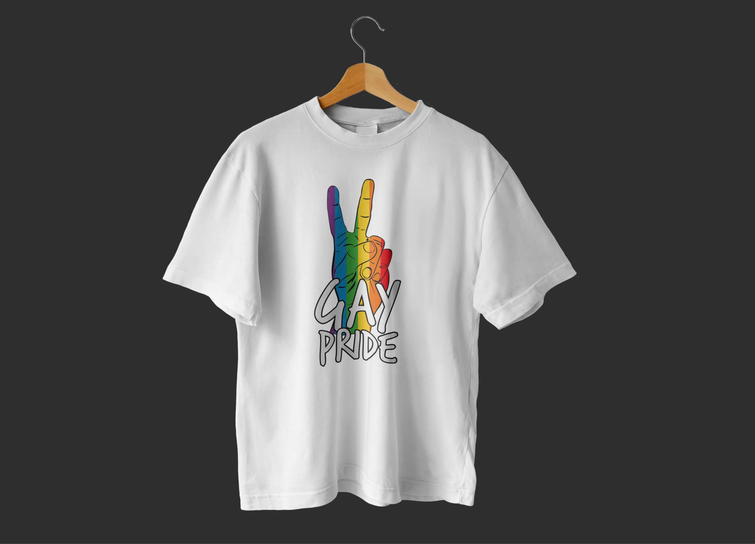 A white t-shirt with an image of a hand in the colors of the LGBT flag and the grey lettering "GAY pride" on a hanger, on a dark gray background.