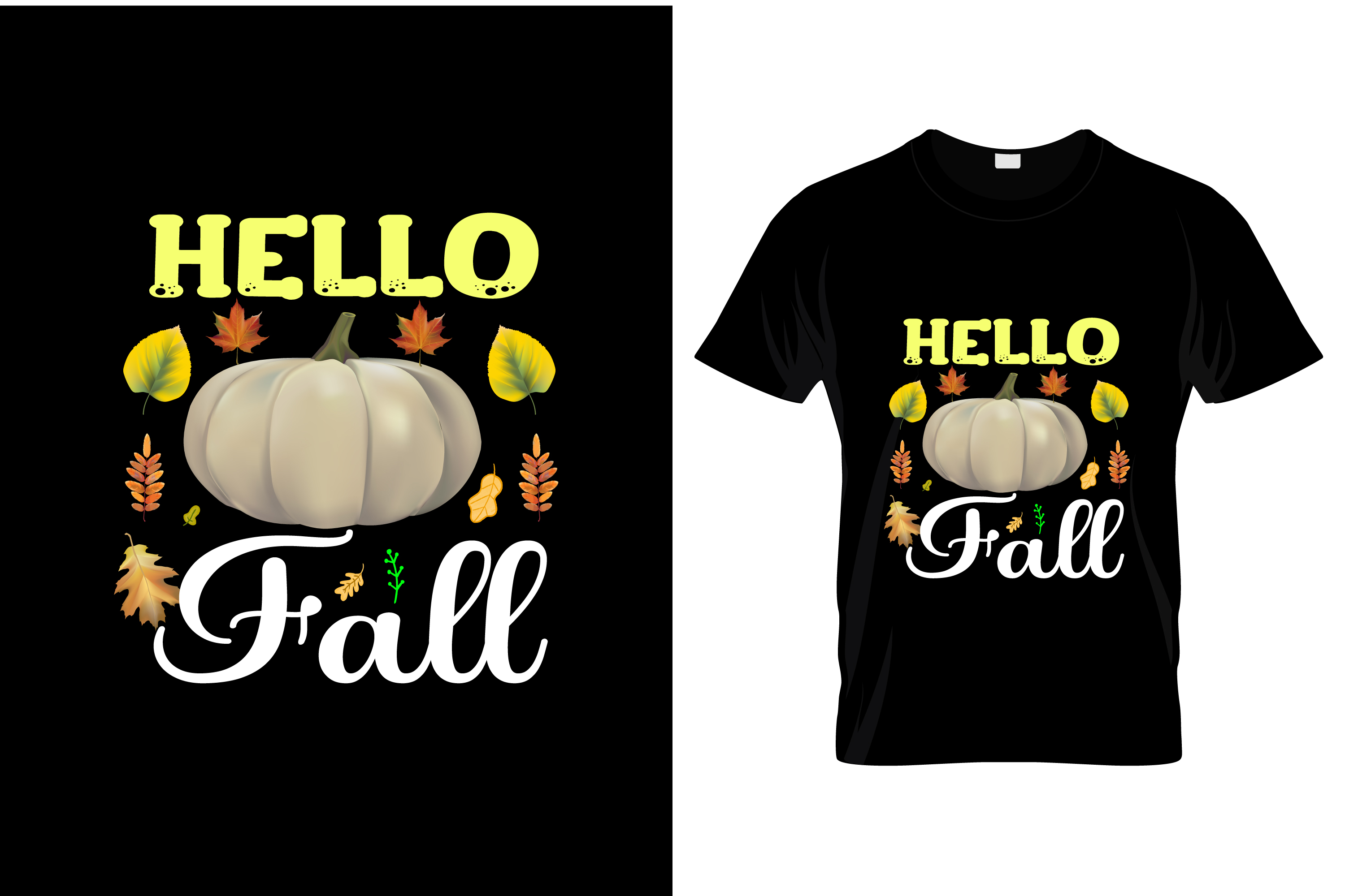 Image of black t-shirt with irresistible pumpkin and autumn foliage print.