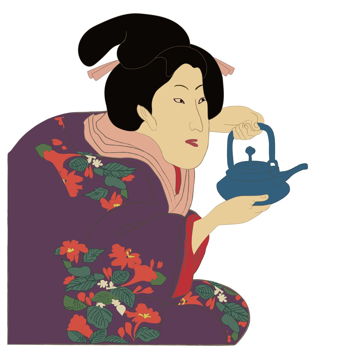Illustration of a geisha in a kimono with a blue teapot on a white background.