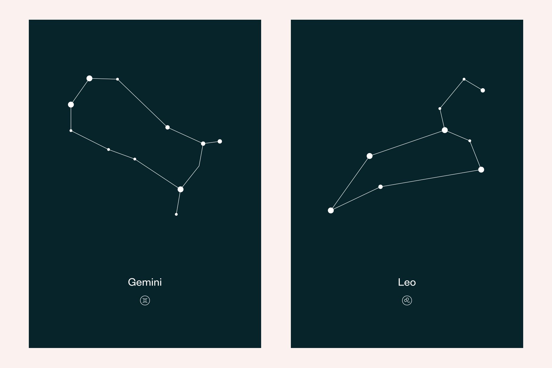 Cool and minimalistic gemini and leo graphic on the night sky.