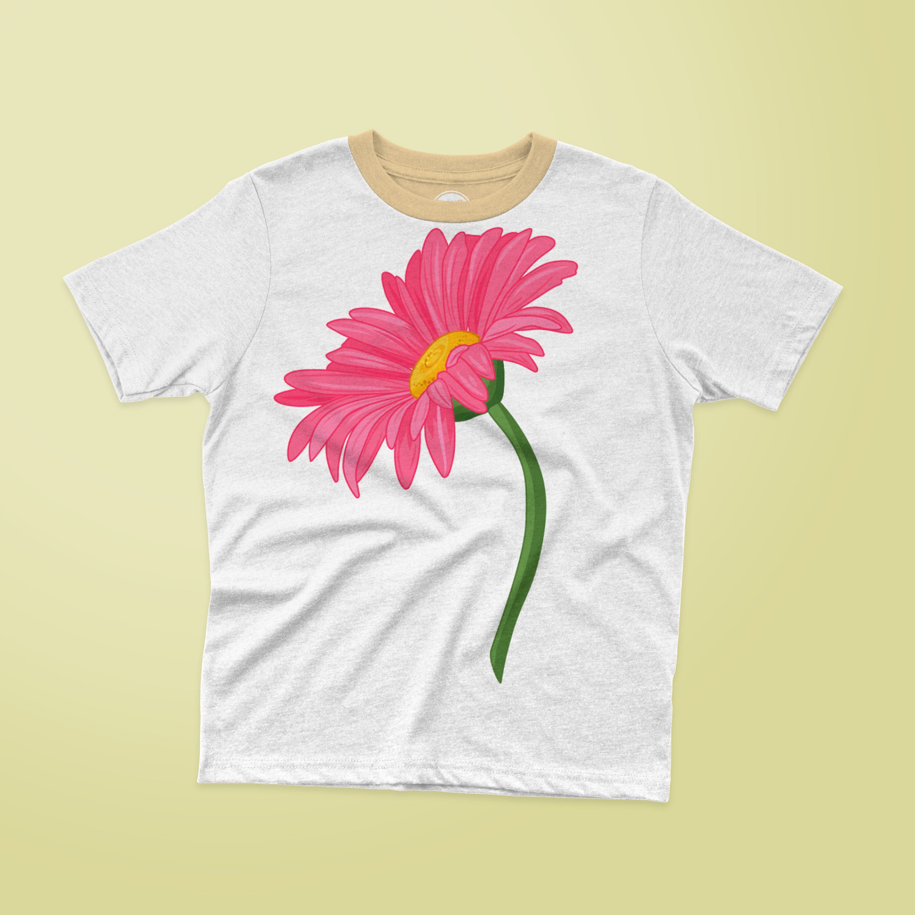 Pink gerber daisy on the t-shirt design.