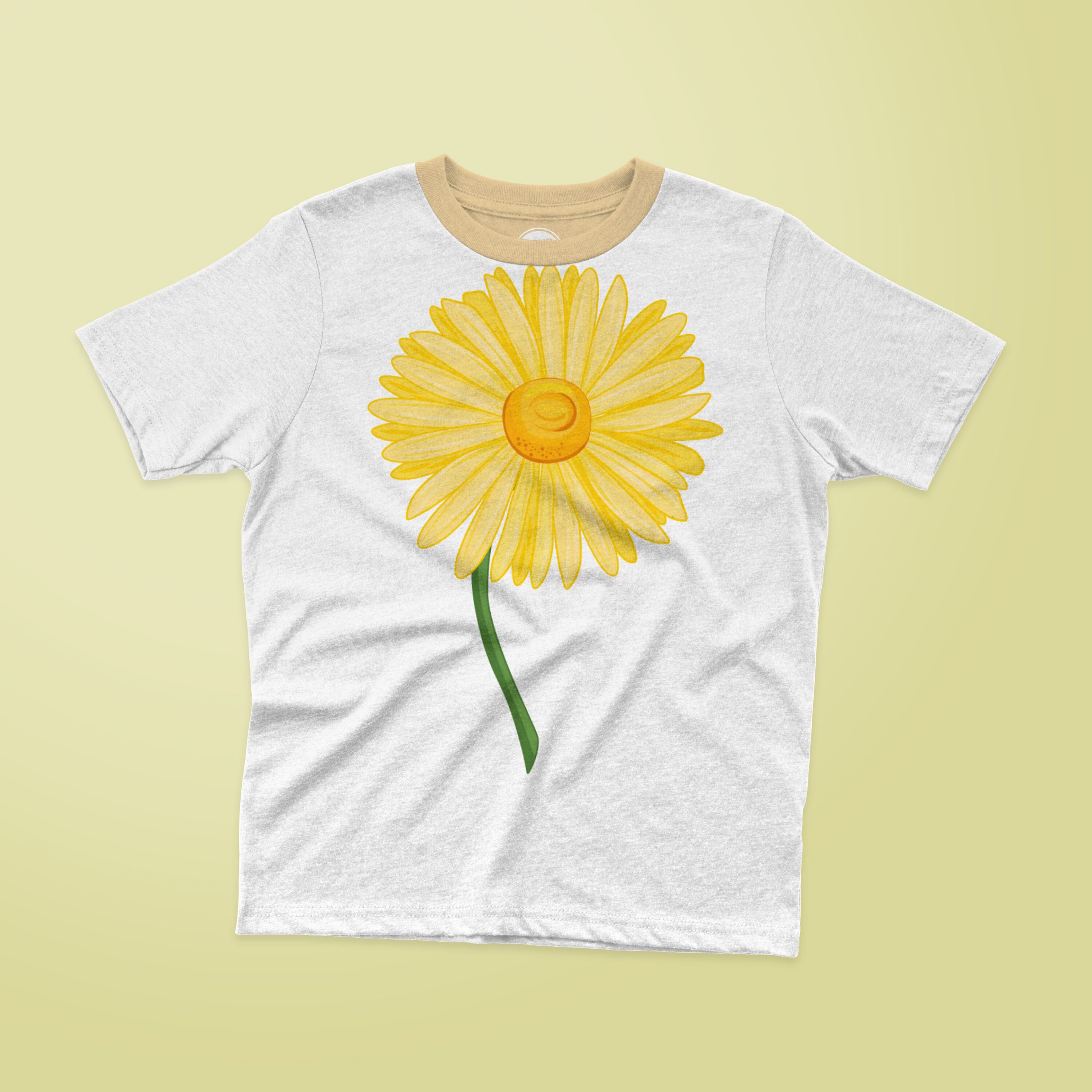 Yellow gerber daisy printed on the t-shirt.