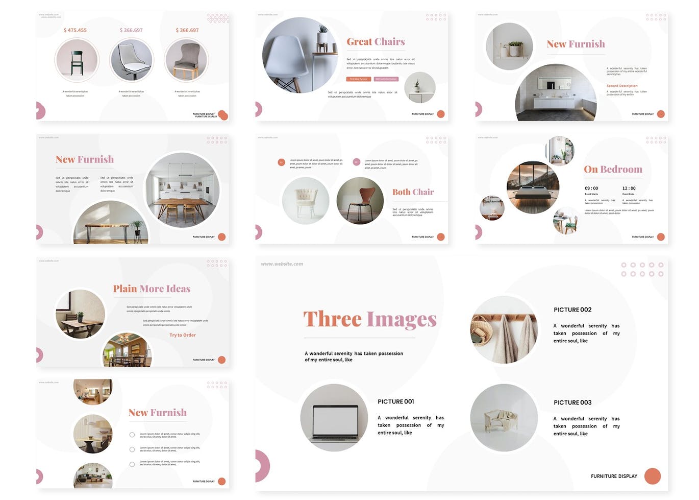 Collection of information slide presentation template with image of various furniture.
