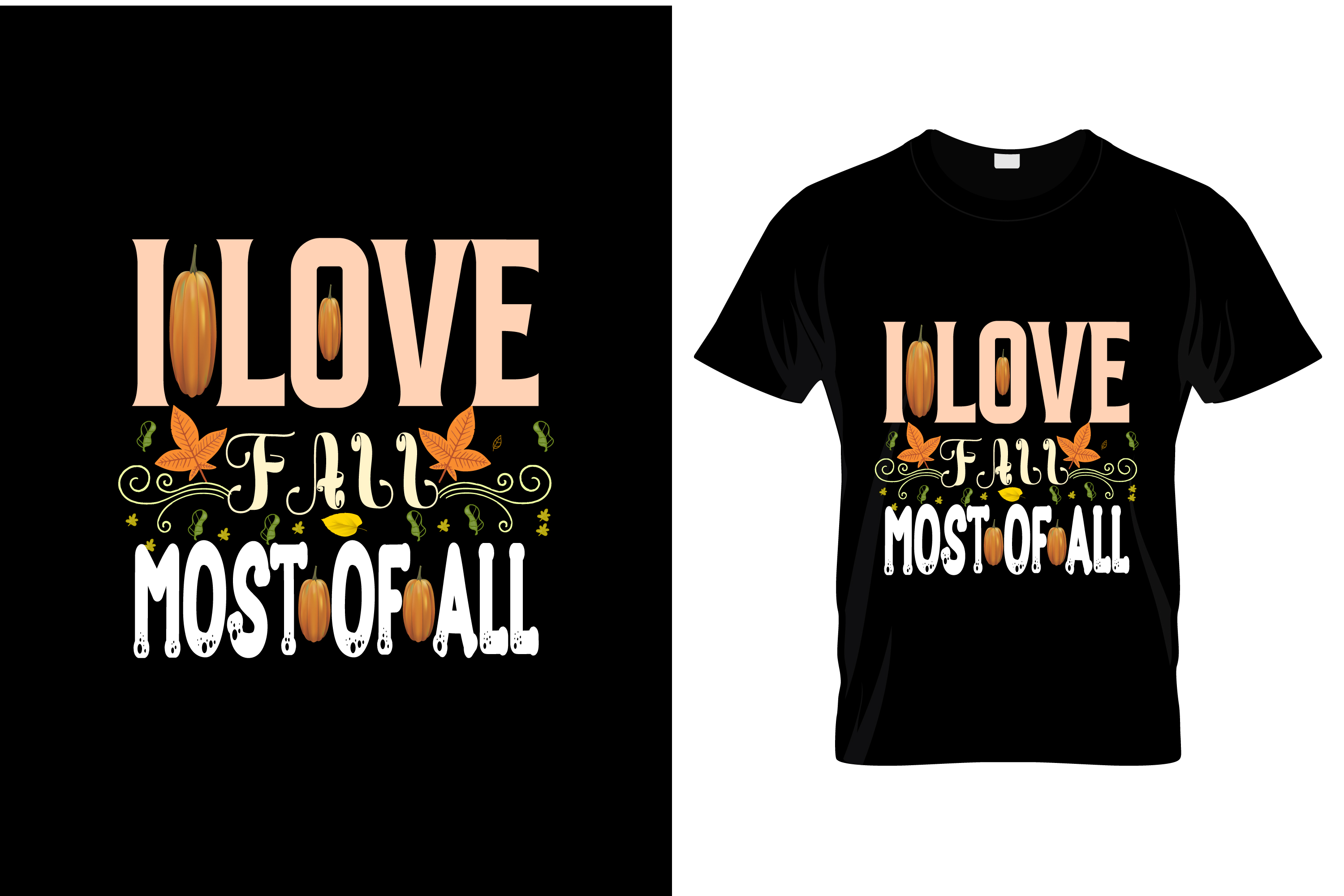 Image of a black t-shirt with an enchanting print on the theme of love for autumn.