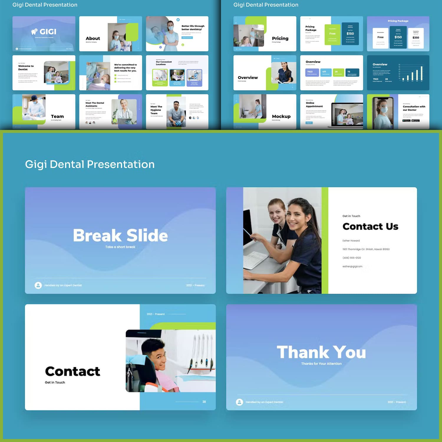 A pack of images of enchanting slides of a presentation template on the topic of dentistry.