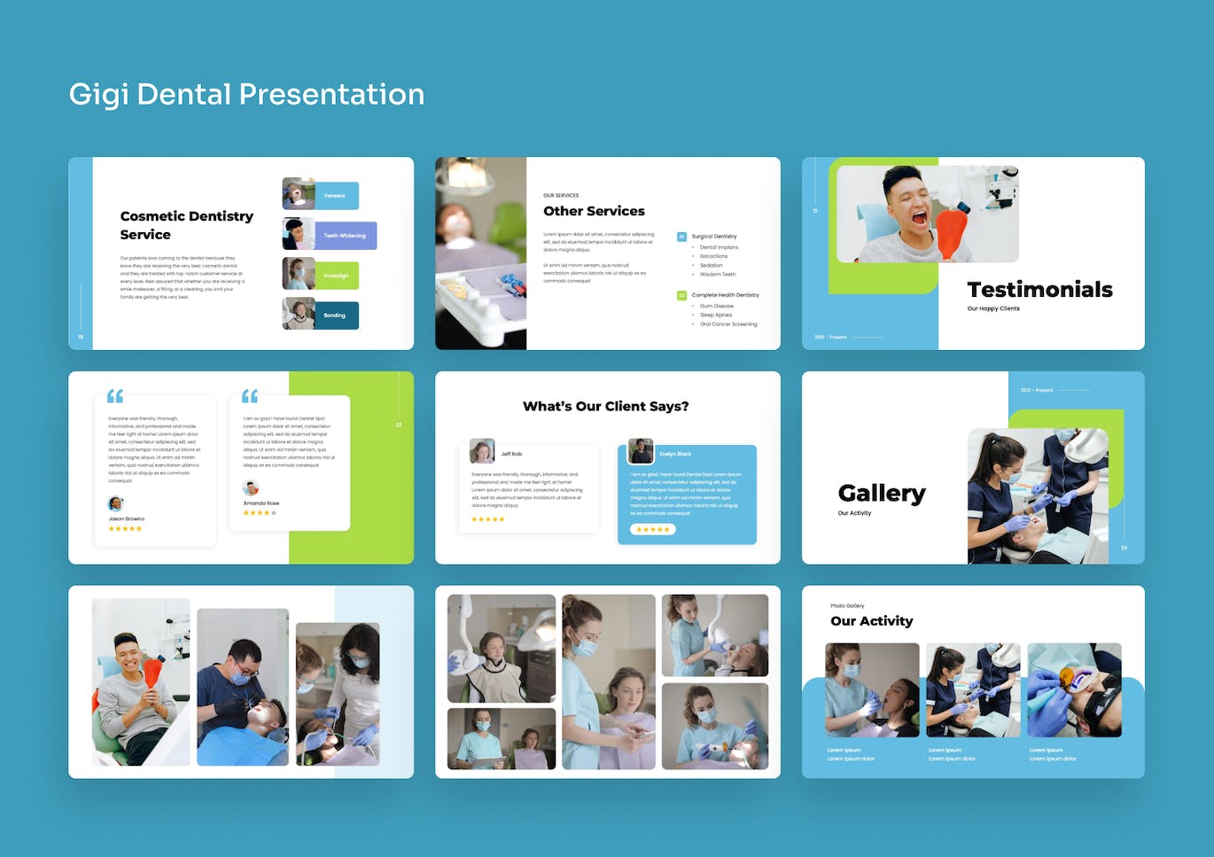 A pack of images of enchanting slides of a presentation template on the topic of dentistry.