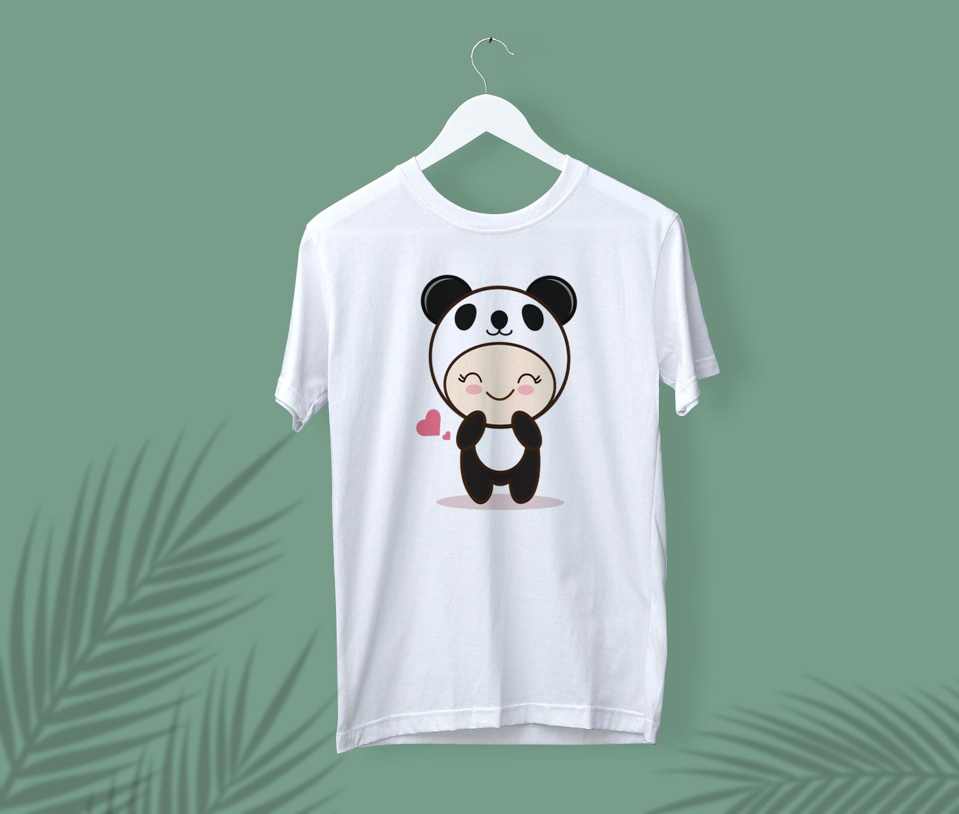 White t-shirt with a cute girl panda and pink heart on a white hanger on a turquoise background.