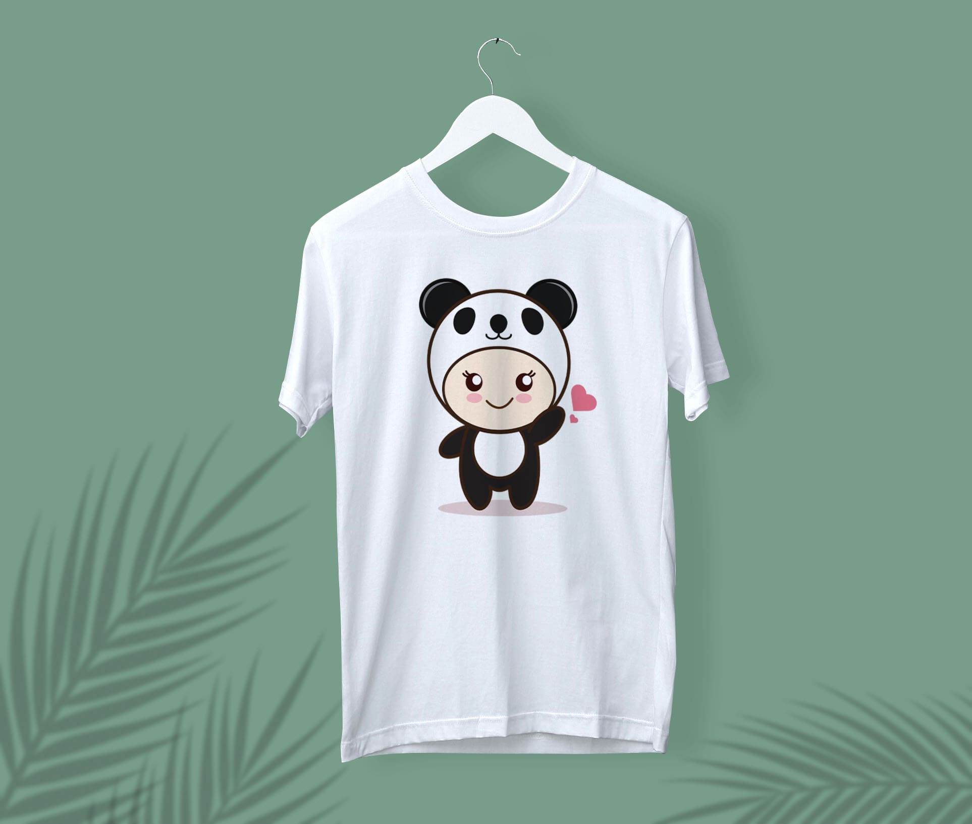 White t-shirt with a enamored girl panda on a white hanger on a turquoise background.
