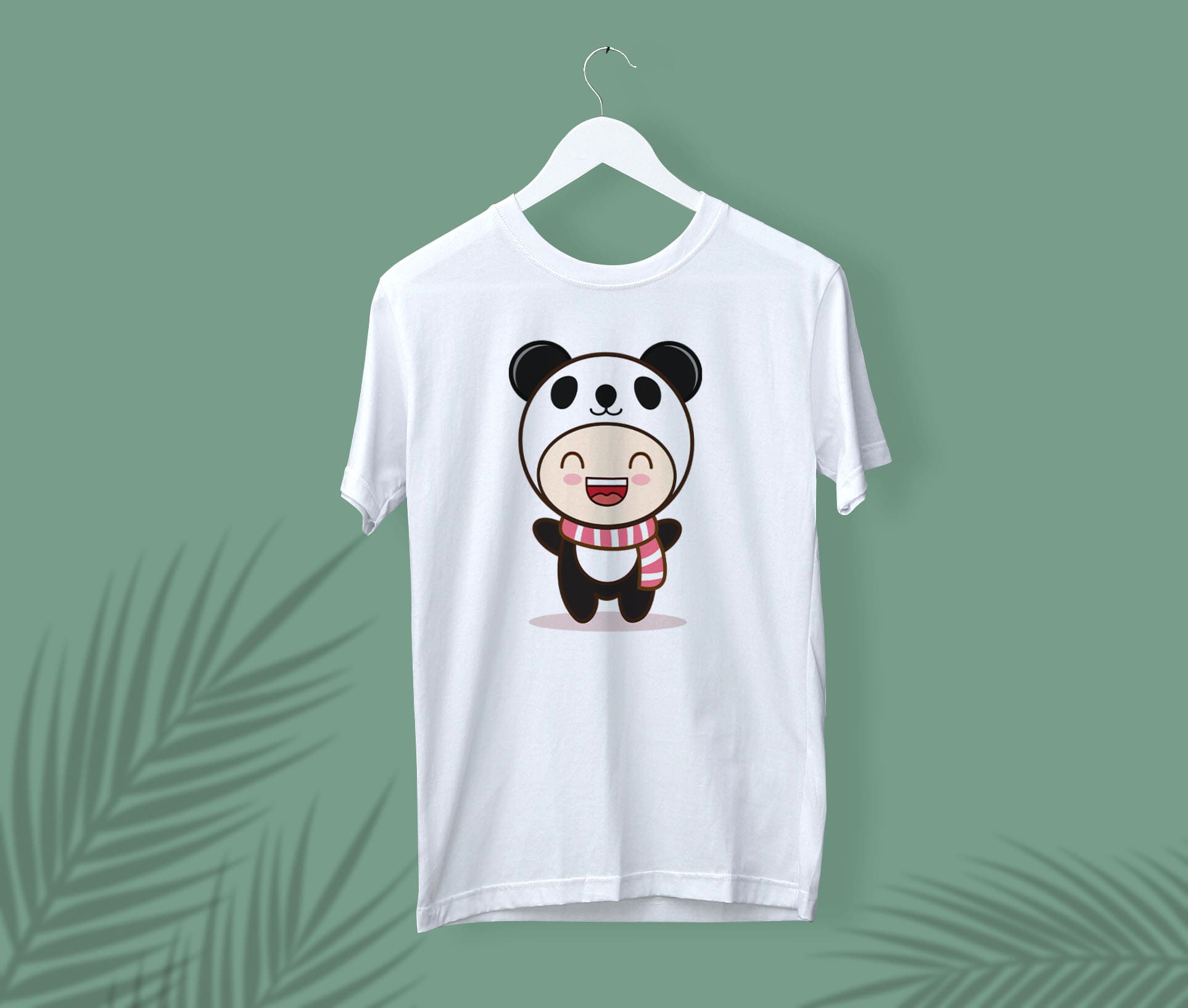White t-shirt with a laughing girl panda on a white hanger on a turquoise background.