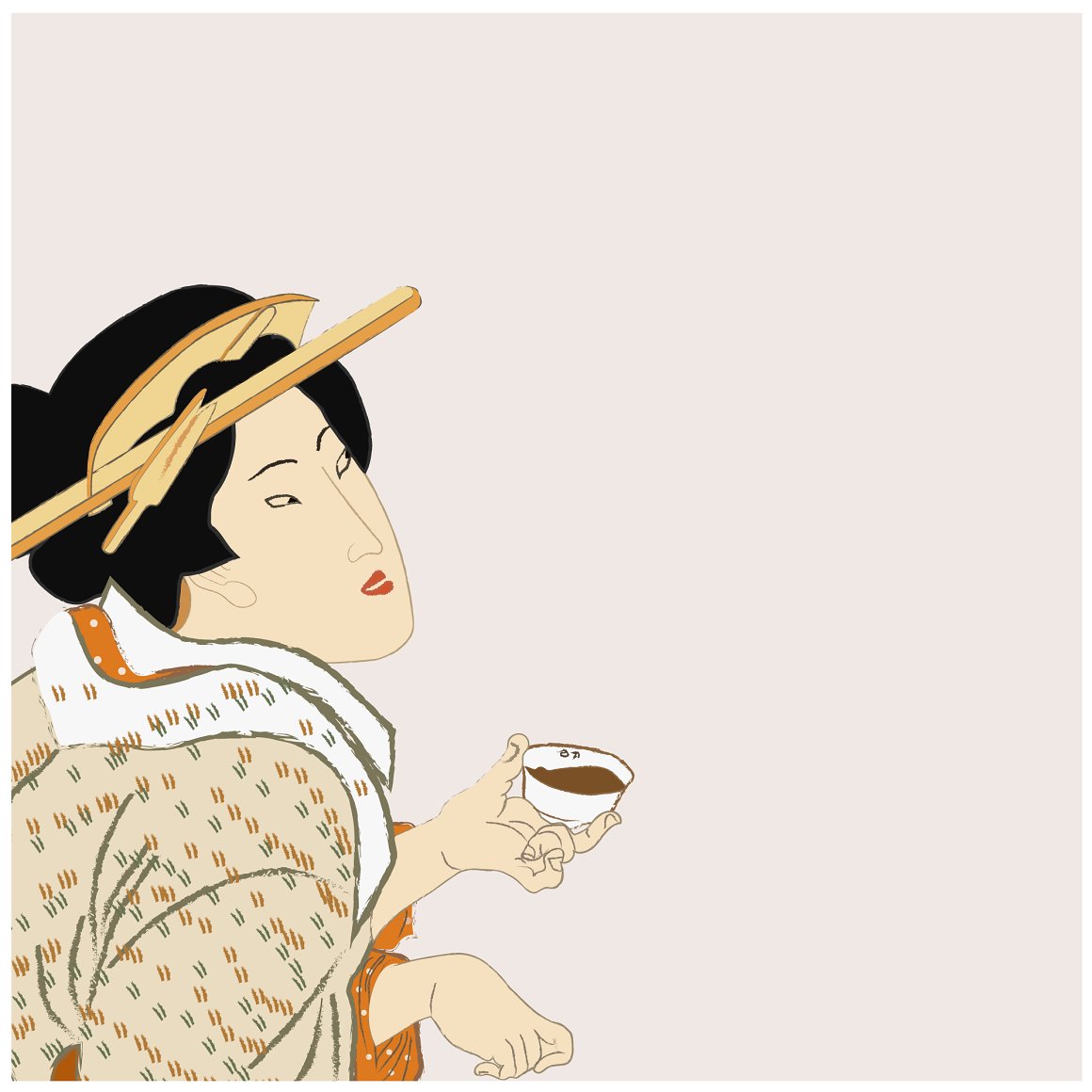 Illustration of a geisha in a kimono with a cup of coffee on a gray background.