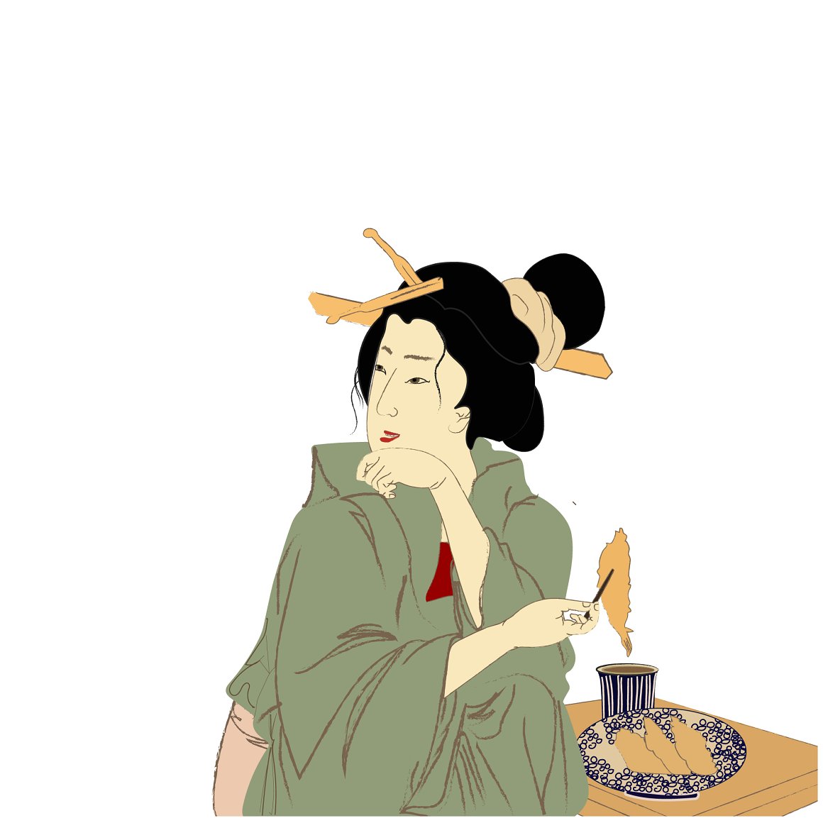 Illustration of a geisha in a kimono with black hair on a white background.