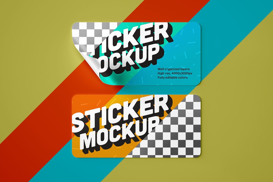 Images of glossy stickers on a multi-colored background.