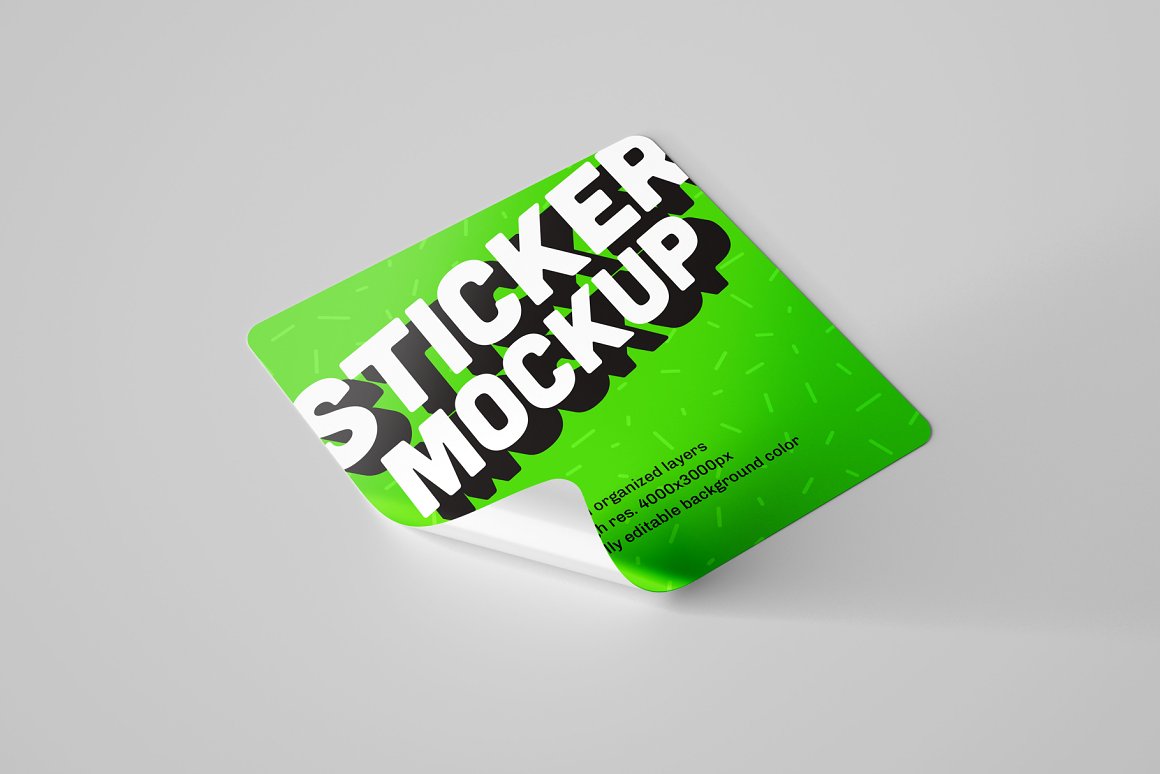 Image of glossy sticker in green color square shape.